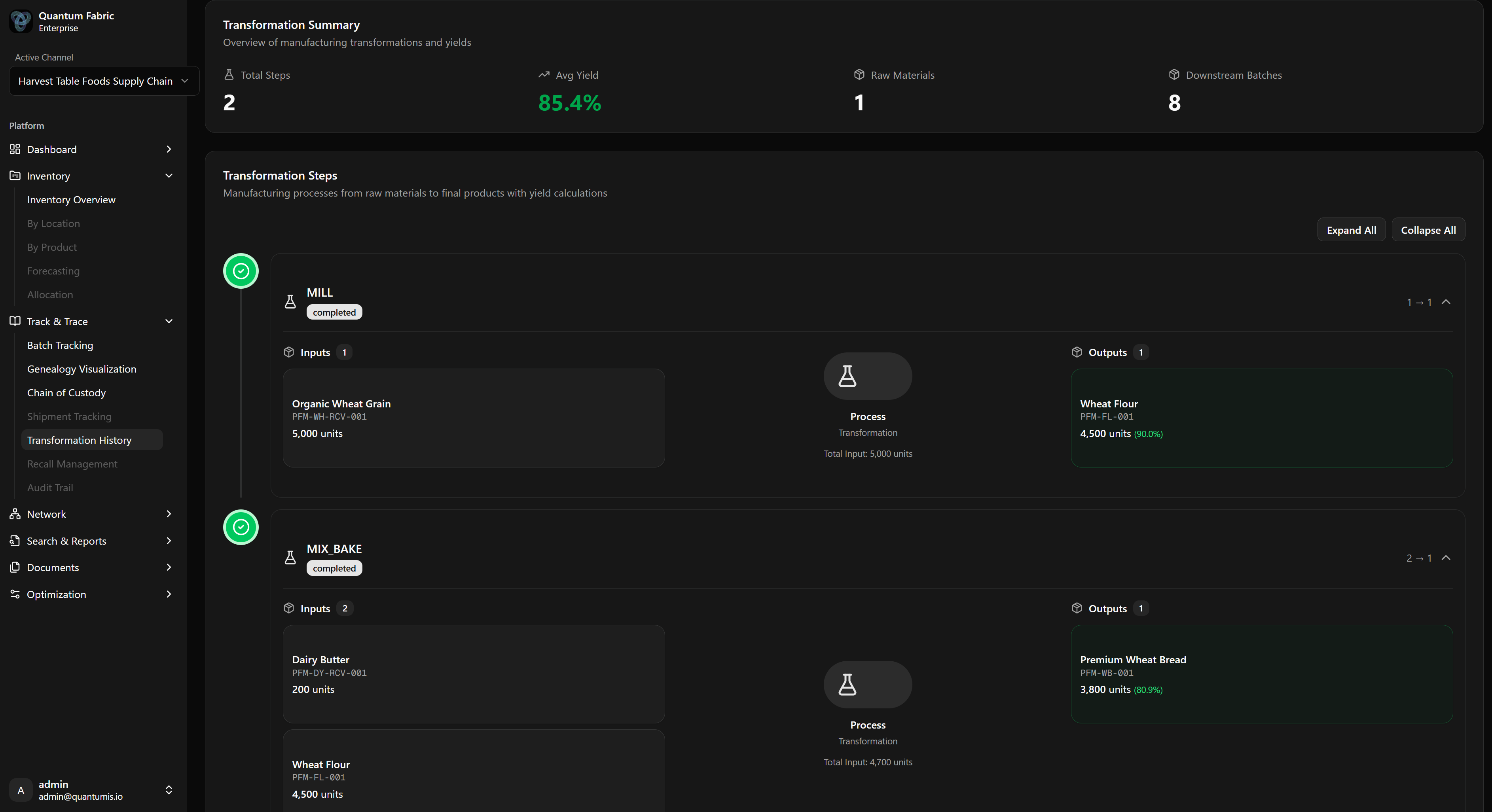 Transformation History — showing transformation steps with yield calculations